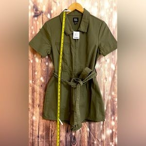Urban Outfitters BDG Romper Army Olive Green Tie Waist Short Sleeve Zip Up